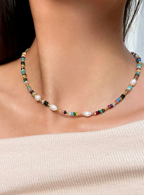 复古小众撞色天然石串珠手项链