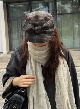 英伦风大蝴蝶结毛呢复古格纹马术帽子秋冬文艺街头百搭报童帽女生