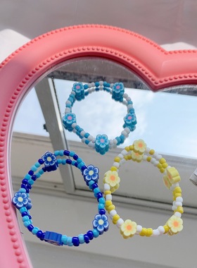 玻璃米珠锁骨链笑脸小花