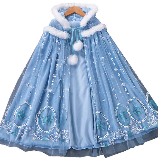 爱莎公主披风冰雪奇缘女童秋冬新款艾莎披肩爱沙儿童冬季斗篷加绒