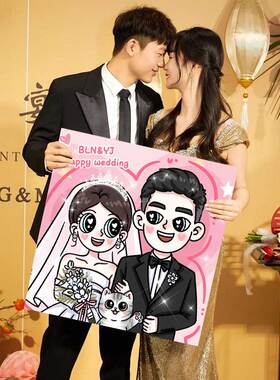 星蝶公主手绘装饰画定制卡通情侣照片挂油画送闺蜜结婚订新婚礼物
