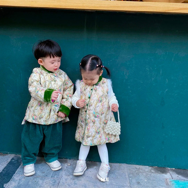 男童唐装新年装薄棉冬季儿童中国风汉服女童中式周岁丝绒上衣唐装 - 图1