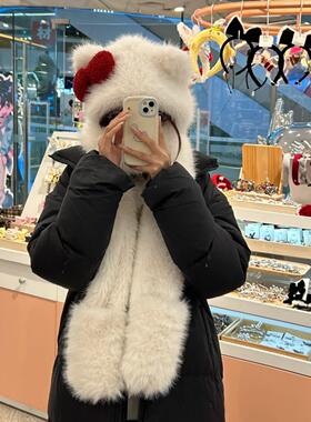 蝴蝶结kitty帽子围巾手套三件套女款可爱高颜值毛绒骑车保暖神器