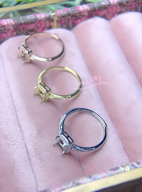 925银戒指空托 枕形6 7MM 阿斯切工八角方形 开口银戒托