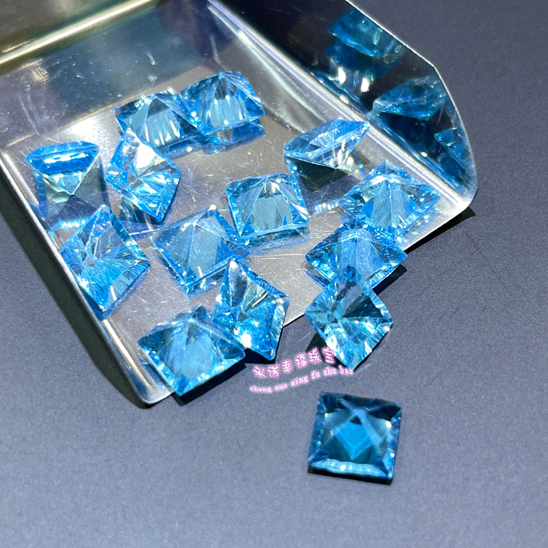 天然托帕石裸石戒面 千禧工方形8MM9MM 长方6*8瑞士蓝托帕石原石 - 图3