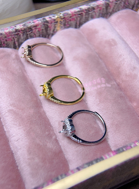 925银戒指空托 心形 5 6 7 8 MM 女款镶嵌宝石开口银戒托