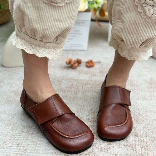 手工真皮单鞋女复古一脚蹬平底软皮软底防滑皮鞋中老年女鞋妈妈鞋 - 图1