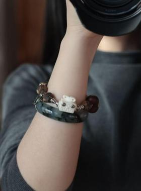 原创贡木沉香灯笼珠手链搭配鹿角机器人紫檀爱心老琉璃纯铜配饰