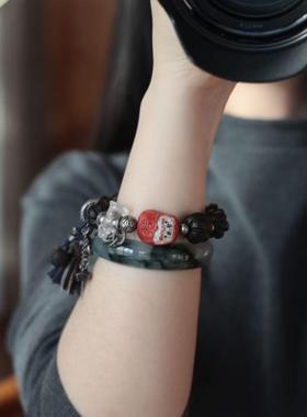 原创沉香卷卷酥手链搭配鹿角达摩蛋天然白水晶金刚杵三七银配饰