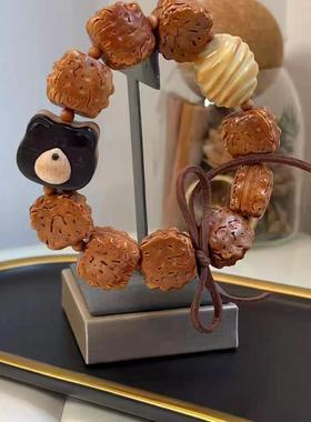 原创桃核饼干手链搭配黑檀拼接熊头象牙果面包文玩佛珠手串礼物