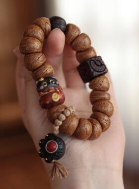 原创桃核大肠搭配象牙果招财猫钱袋黑檀猫爪紫檀元宝南瓜珠手串