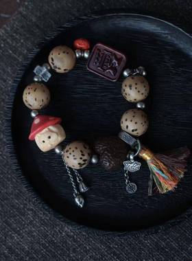 原创千眼菩提手链搭配鹿角根付兔子蘑菇沉香爱心紫檀爱神牌配饰