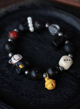 原创手作鹿角根付三七银配饰文玩手串木质手链复古小众男女款饰品