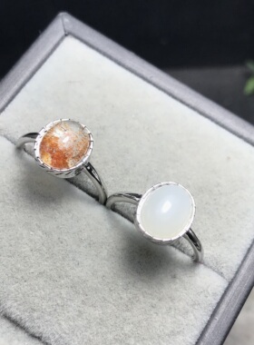 A072天然白玉/幽灵8*10宝石戒指活口可调节白铜托非纯银托ZC成品