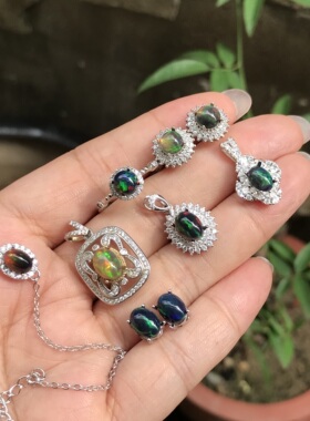 #s925银新品天然黑欧泊镶嵌成品