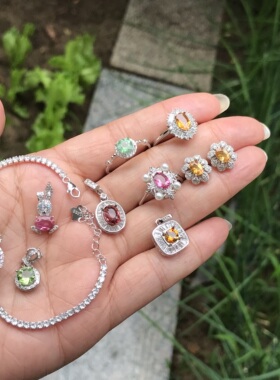 #s925银新品天然刻面巴西彩色老矿碧玺成品戒指/吊坠/耳钉/手链