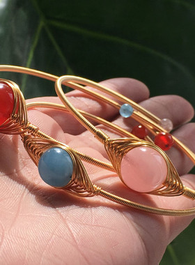 海蓝宝天然红玛瑙粉晶14k金手链