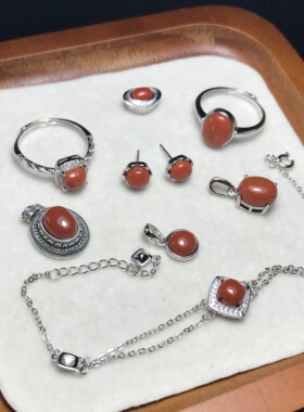 #s925银新品天然南红柿子红蒙料镶嵌成品戒指吊坠耳钉耳坠手链