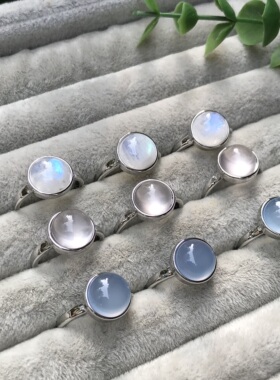 A019天然月光石蓝玉髓10*10宝石戒指可调节铜托非s925纯银戒指YX