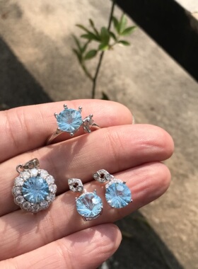 #s925银新品天然瑞士蓝托帕石刻面宝石镶嵌戒指吊坠耳钉耳钩手链