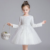 Spring Autumn Winter Children Dance Princess Dress Fluffy Skirt Bright Sheet Girl Long Sleeve Dress White Dress White Yarn Dress Performance Gown