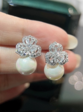 2022秋季新品日韩S925纯银针锆石花朵蓝水晶花朵耳环耳钉耳饰品