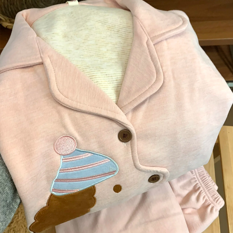 灰色可爱帽子小狗睡衣女秋冬季德绒ins风新款开衫休闲家居服套装 - 图2