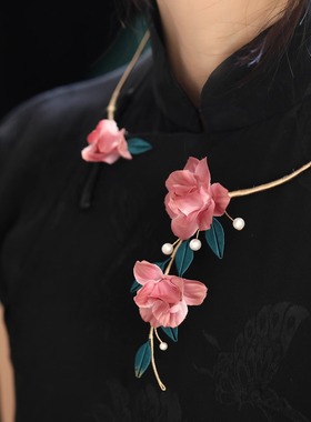 国风古典新中式粉色花朵项链锁骨链超仙气质旗袍配饰项圈小众设计