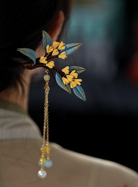 新中式国风缠花桂花发簪古风汉服盘发旗袍丸子头配饰木簪步摇流苏