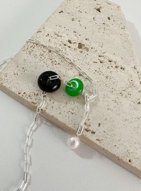 925纯银网红黑绿玉石珍珠项链小众高级感锁骨链