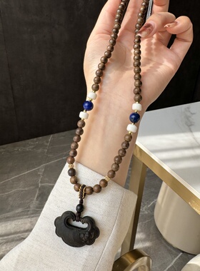 沉香莲花锁搭配天然阴沉木6毫米牛骨桶珠青金石diy配件手工编织绳