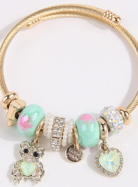 1个时尚 金属百搭潘DL简洁爱心小熊坠多元素配饰个性手镯