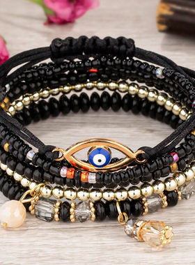 欧美时尚波西米亚名族风细米珠恶魔之眼配饰气质多层珠女手链1122