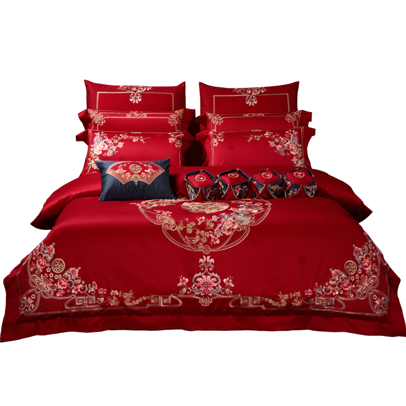 新中式刺绣全棉婚庆四件套结婚喜被多件套大红色婚房高端婚礼床品