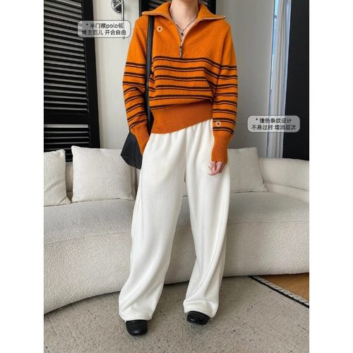 高智穿搭慵懒风半拉链翻领宽松撞色条纹针织衫毛衣 - 图1