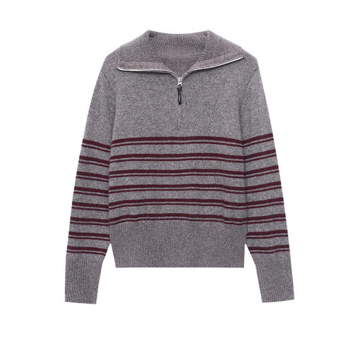 高智穿搭慵懒风半拉链翻领宽松撞色条纹针织衫毛衣 - 图3