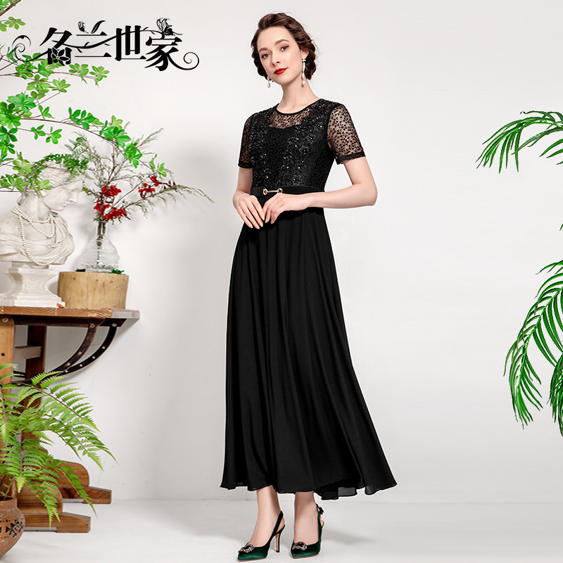 名兰世家原创手工高端新款黑色晚礼服女奢华大气珍珠纱妈妈连衣裙_虎窝淘