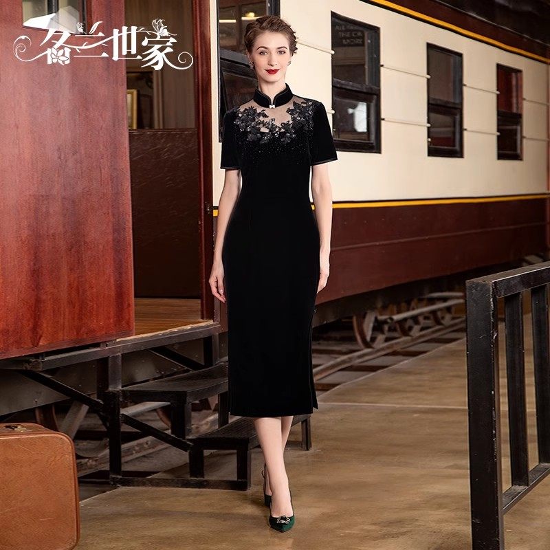 名兰世家妈妈装婚宴旗袍礼服喜婆婆敬酒服修身高贵丝绒改良连衣裙