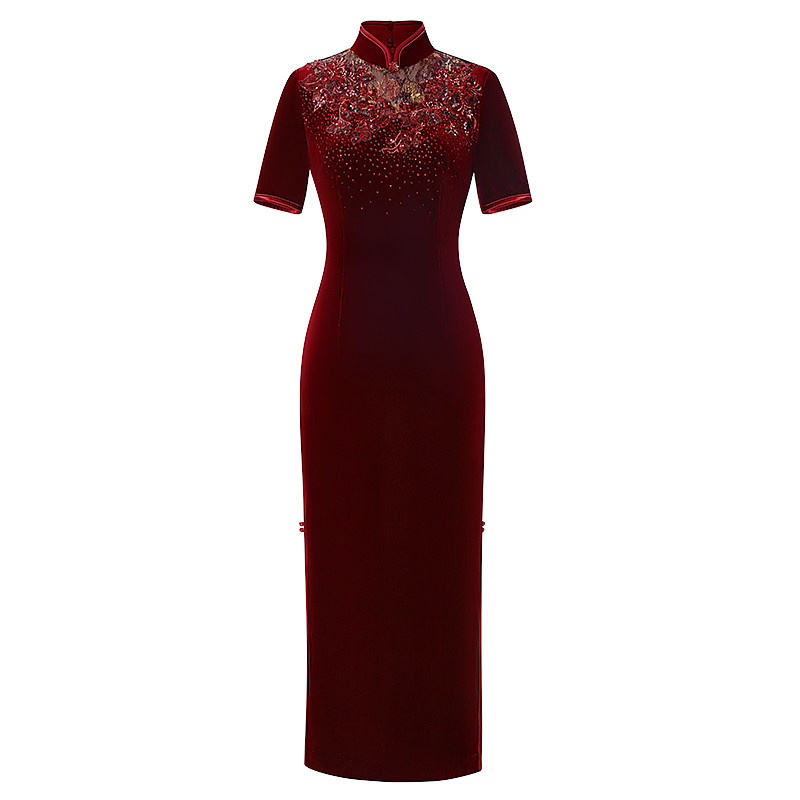 名兰世家妈妈装婚宴旗袍礼服喜婆婆敬酒服修身高贵丝绒改良连衣裙