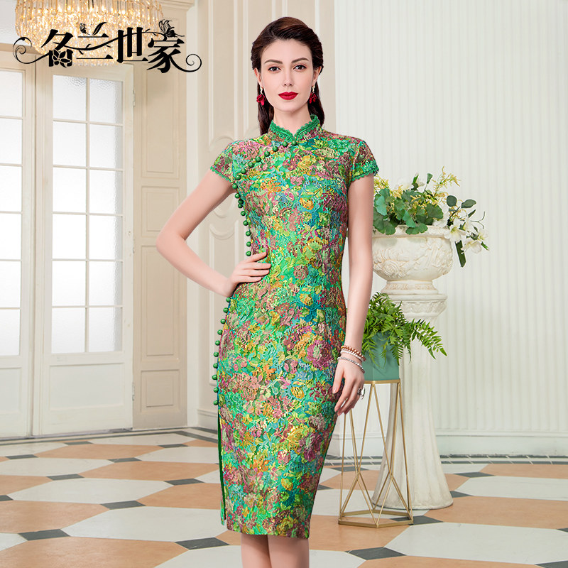 名兰世家原创春夏婚礼婚宴晚礼服短袖改良日常旗袍礼服粉色蕾丝_虎窝淘