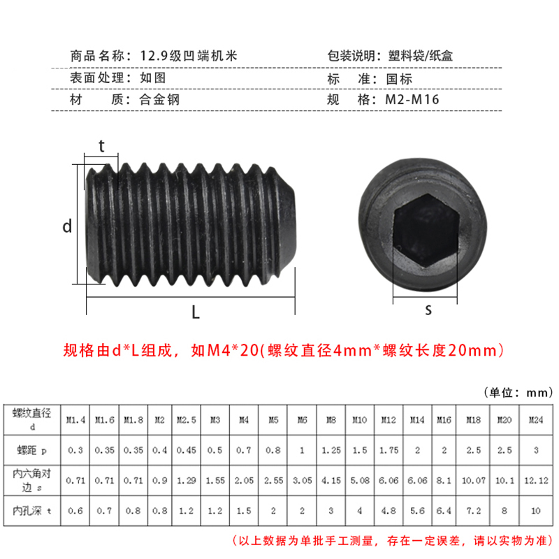 12.9级凹端无头内六角紧定螺丝钉基机米止付顶丝M2M2.5M3M4M56810 - 图0