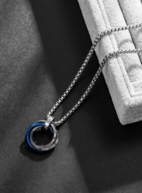 蓝色三环项链男女士2026新款学生潮流嘻哈设计高级配饰送礼物吊坠