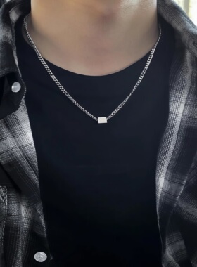 项链男潮帅气原宿风方块吊坠钛钢配饰品嘻哈锁骨链韩版个性百搭女