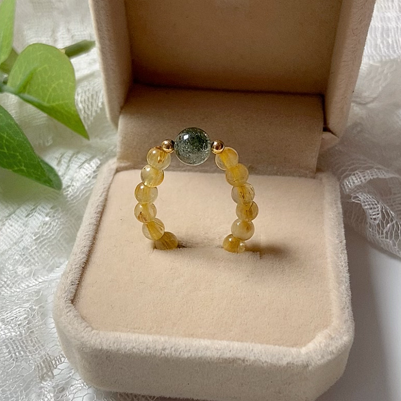 Natural blonde titanium crystal beaded ring female green ghost