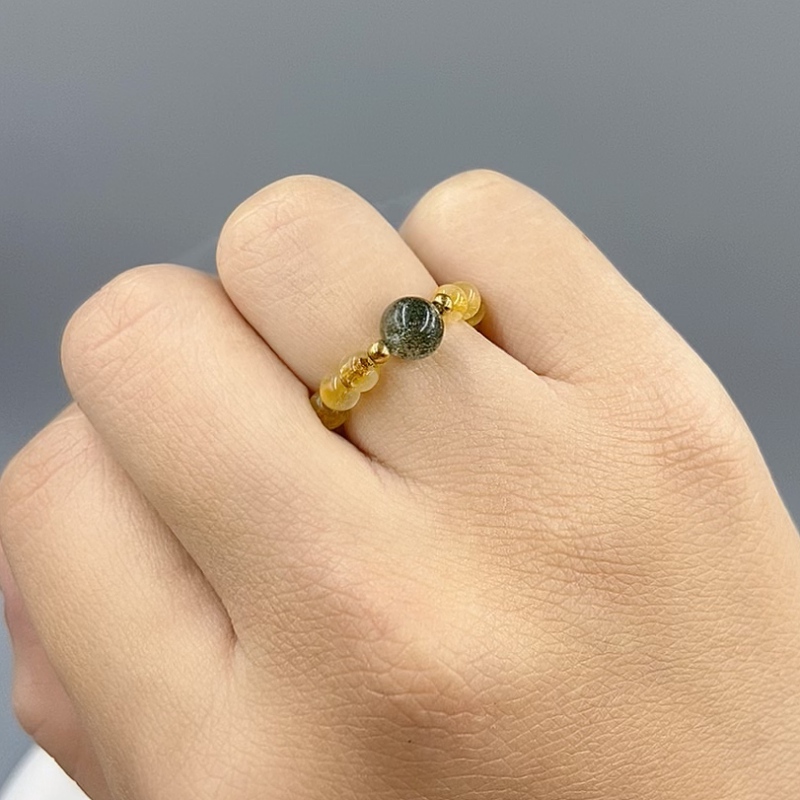 Natural blonde titanium crystal beaded ring female green ghost
