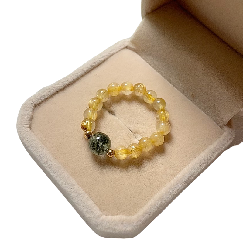 Natural blonde titanium crystal beaded ring female green ghost