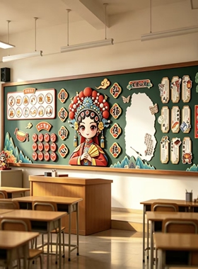 非遗文化墙戏曲脸谱环创班级传统文化黑板报国风班级墙贴KT板