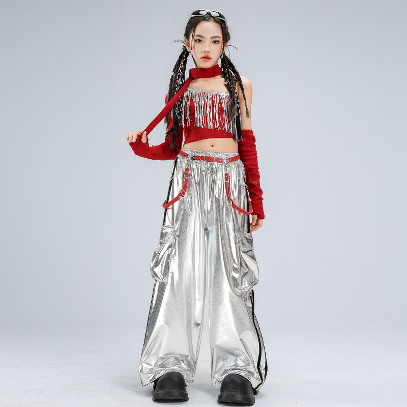 女团jazz爵士舞潮服女童时髦露肩吊带银色皮裤街舞韩舞走秀演出服,淘宝优惠券,粉丝福利购,淘宝优惠卷