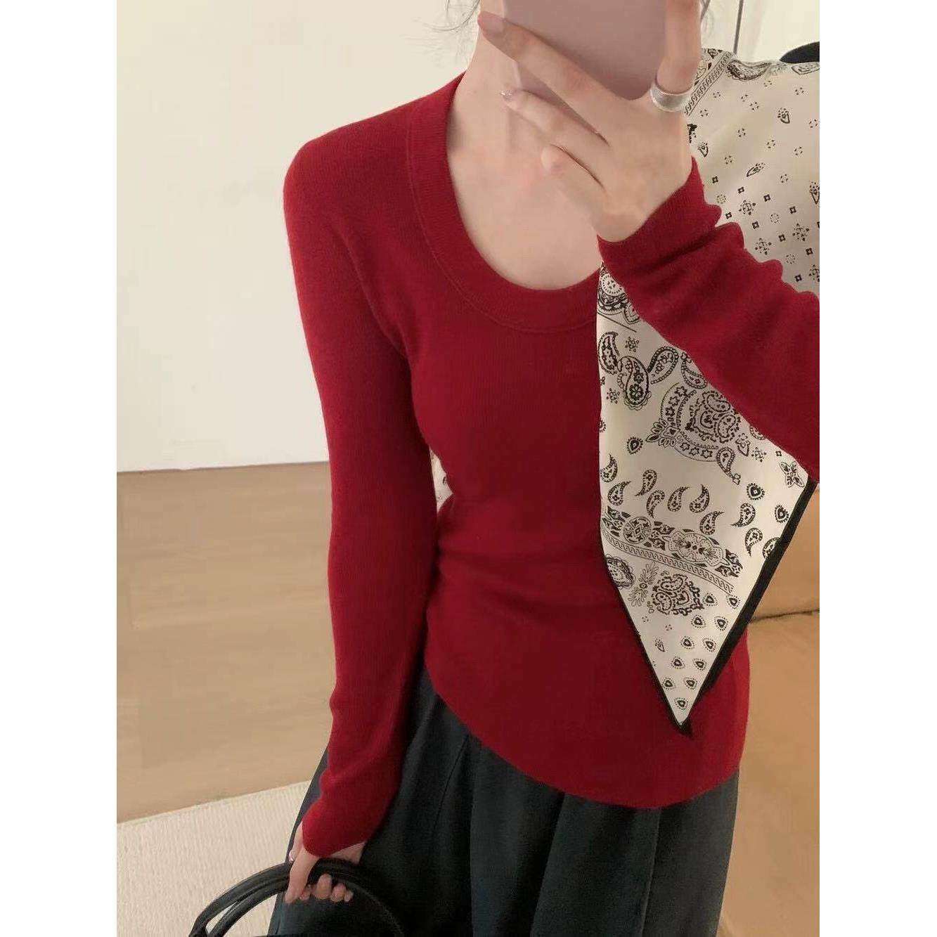 TOMORROW显瘦百搭100羊毛打底衫韩系简约U领内搭修身针织衫6903 - 图3