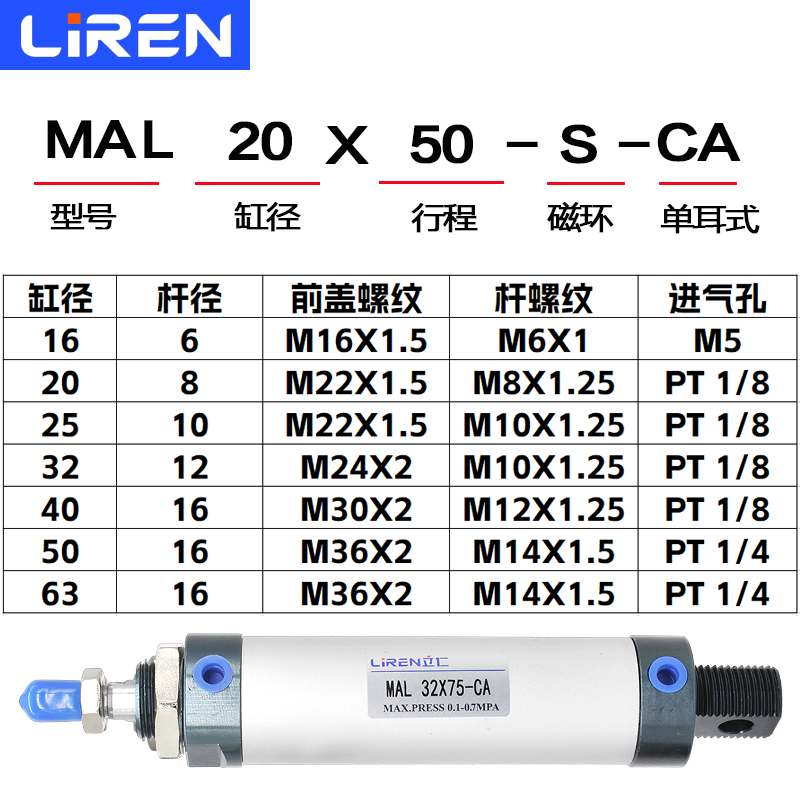 MAL迷你气缸16 20 25 32 40 50X50X100X150X200-CA铝合金单杆气缸